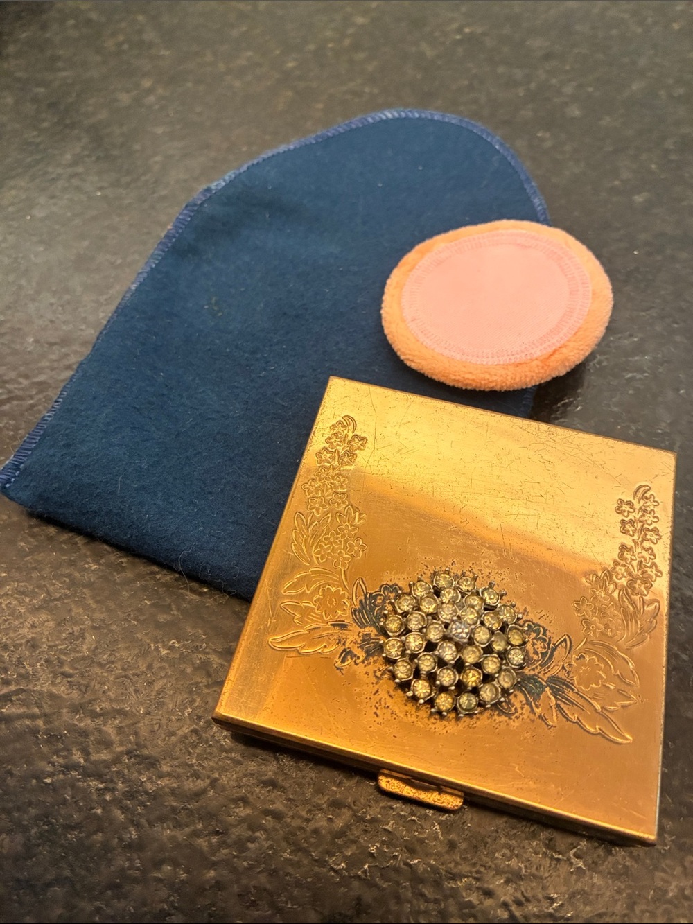 Vintage Volupte Goldtone Compact with Rhinestone Cluster